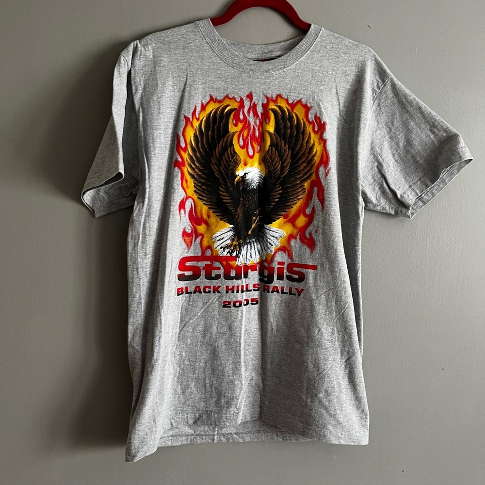 Vintage Sturgis Black Hills Rally 2005 Shirt‎ Large Gray Eagle Biker Rock Moto